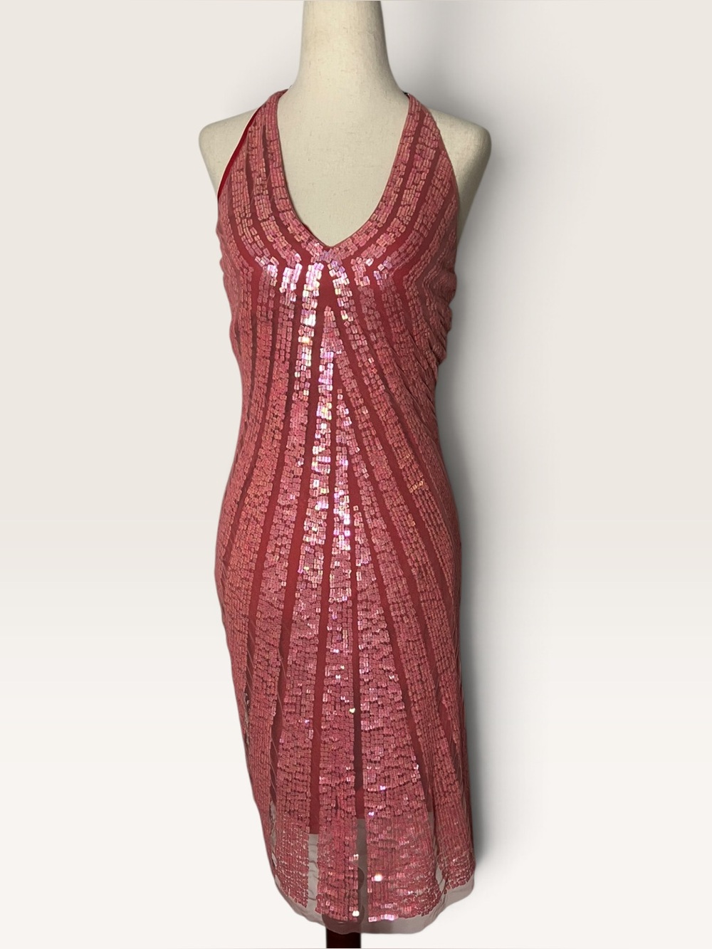 Vivienne Tam Vintage 90s Y2K Sequin Mesh Halter Dress Chain Strap Pink Size 1 S